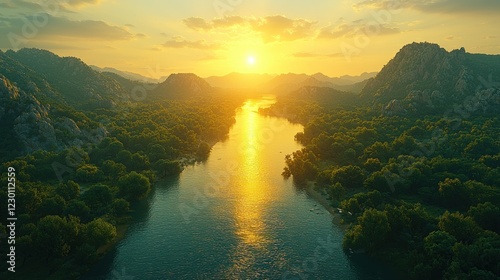 Golden Sunset Over River Valley Lush Green Forest