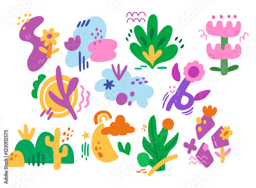 Set of abstract nature hand drawn colorful vector. Spring botanical doodle with modern concept for icon, wallpaper, background and decoration.
