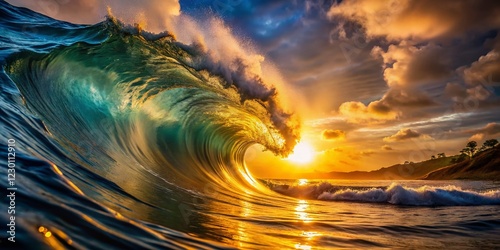 Dramatic Sunset Ocean Wave Crashing Shore - Golden Hour Seascape Photography