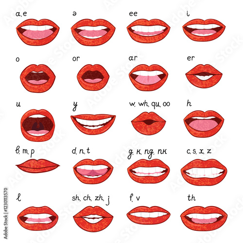 Vector Colorful Illustration Set of Oral Articulation of English Sounds Isolated on White Background