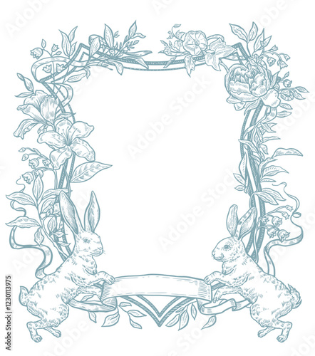 Beautiful blue frame, spring wedding crest, Easter invitation border, vintage style