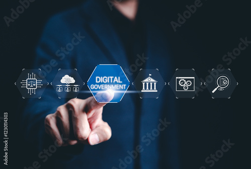 Digital government and e-governance concept. Businessman interact with interface Digital government, data management, technology-driven public services, security infrastructure, online administration,