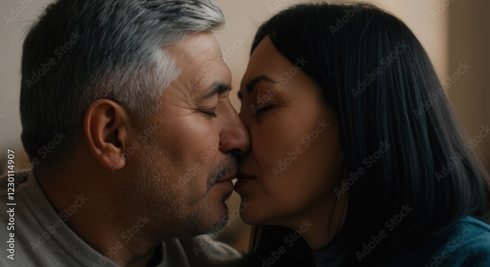 Intimate moment of mature caucasian couple sharing a tender kiss at home Intimate moment of mature caucasian couple sharing a tender kiss at home