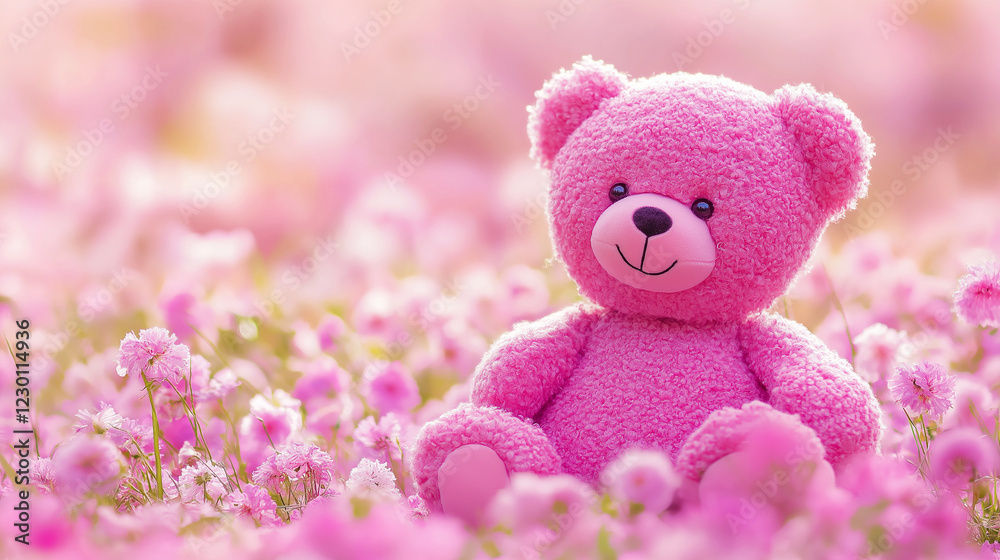 Fototapeta premium Adorable pink teddy bear sitting in a blooming flower field for romantic gifts, children's toys, and Valentine's Day promotions