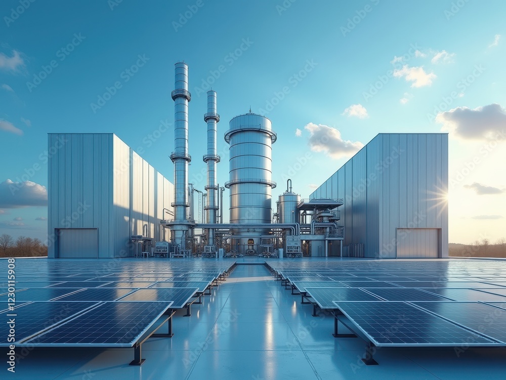 Innovative hydrogen energy facility featuring advanced technology and solar panels under a clear blue sky in a renewable energy landscape Innovative hydrogen energy facility featuring advanced technology and solar panels under a clear blue sky in a renewable energy landscape