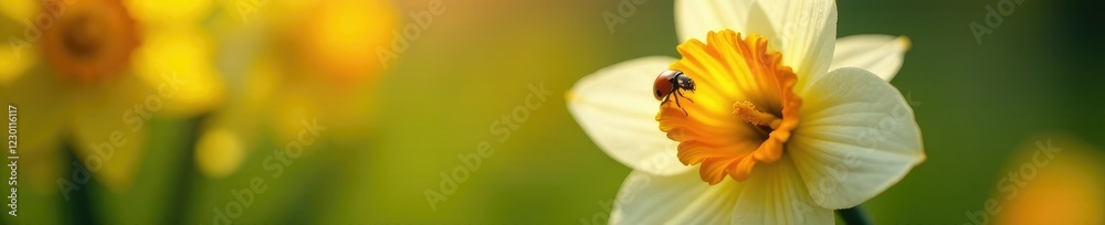 Ladybug exploring the bright orange and white daffodil, flower, nature Ladybug exploring the bright orange and white daffodil, flower, nature