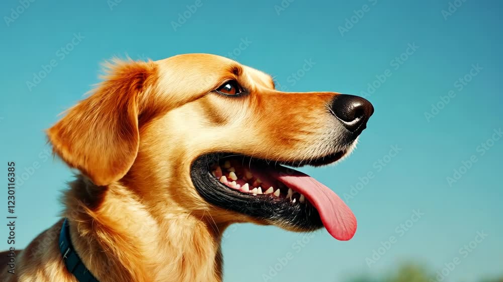 Golden Retriever Enjoying Sunny Day in Grassy Field Under Clear Blue Sky, Happy Dog Smiling and Wagging Tail, Joyful Pet in Nature Landscape, Wide Open Space, Vibrant Colors Golden Retriever Enjoying Sunny Day in Grassy Field Under Clear Blue Sky, Happy Dog Smiling and Wagging Tail, Joyful Pet in Nature Landscape, Wide Open Space, Vibrant Colors