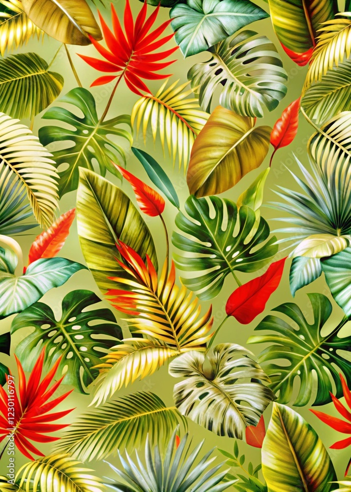 Fototapeta premium seamless pattern of tropical leave, poster and banner or wall paper, flyer style green leaf