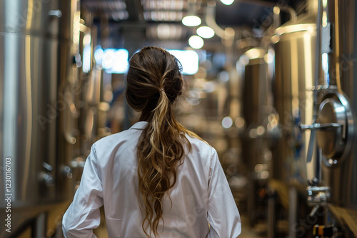 Generative AI image of person exploring traditional winery wooden barrels for wine beer alcohol production photo