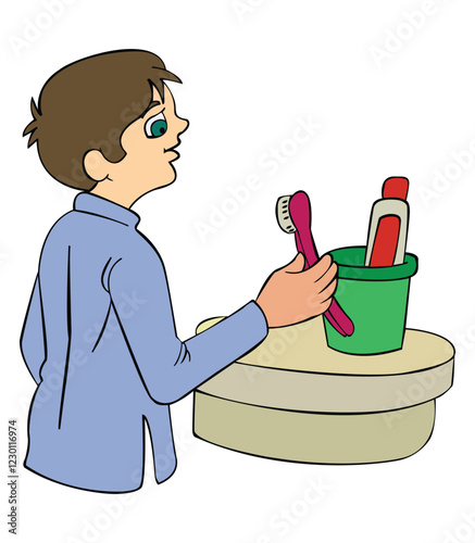 Vector illustration boy putting brush on holder
