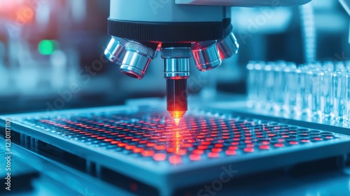 Intricate Microscope Illuminated by Striking Red Light Showcasing the Beauty of Scientific Exploration and Discovery