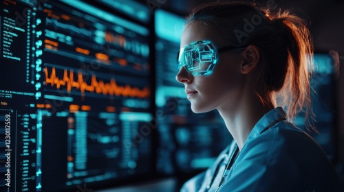 Focused Woman with Glasses Engaged in Work on Computer Screen in Modern Office Environment Emphasizing Productivity and Concentration