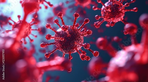 Vivid Red Virus Against a Deep Blue Background Symbolizing Infection and Disease in a Striking Visual Representation