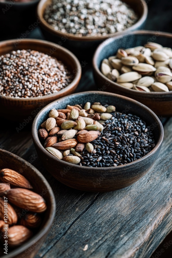 Selection of nuts and seeds in various wooden bowls, ideal for cooking or a nutritious snack. Selection of nuts and seeds in various wooden bowls, ideal for cooking or a nutritious snack.