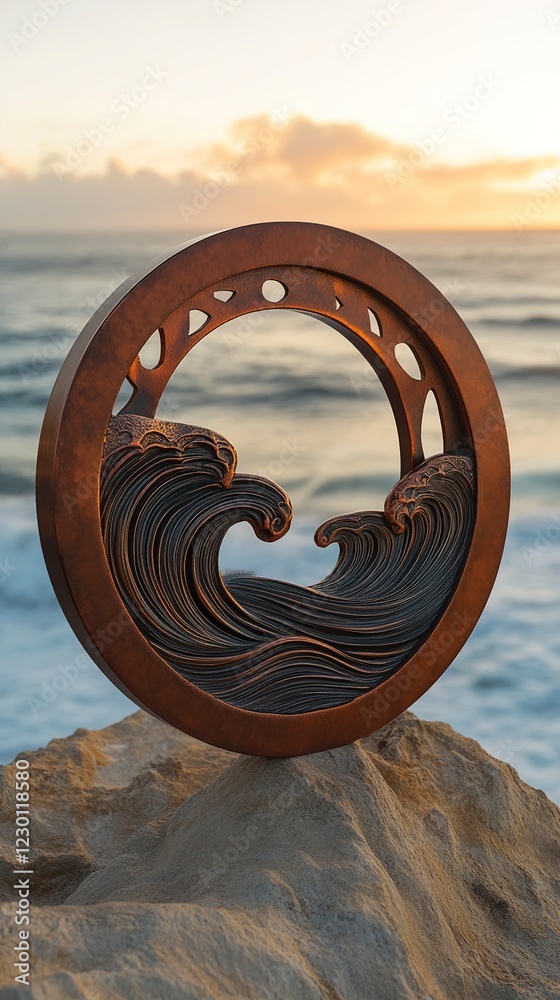 Fototapeta premium Coastal Sunset Bronze Wave Sculpture on Clifftop