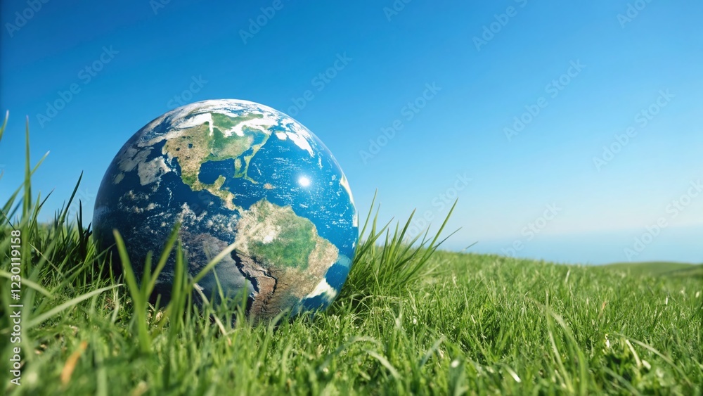 Earth Globe on Lush Green Grass Under a Vibrant Blue Sky - Eco-Friendly Concept Earth Globe on Lush Green Grass Under a Vibrant Blue Sky - Eco-Friendly Concept