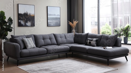 A modern gray fabric sectional sofa with two different views. photo