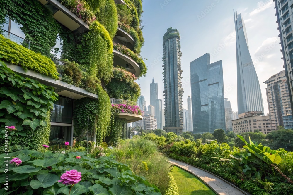 Fototapeta premium Eco-City Future: Vertical Gardens & Zero-Emission Buildings - Macro Photography