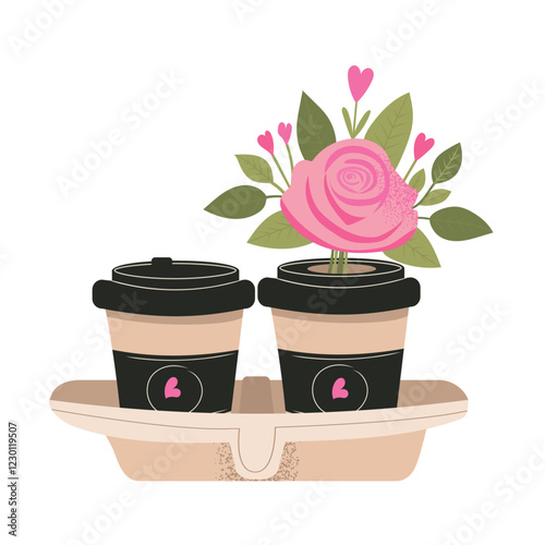 Flat vector illustration of bouquet with cup of coffee to go. Rose. Valentine's day or morning celebrations.