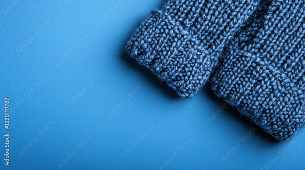 Cozy blue knitted sweater sleeves on vibrant blue background, showcasing texture and warmth. Perfect for winter fashion and comfort