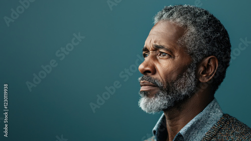 thoughtful older man with gray hair and beard, gazing into distance, reflecting on life. His expression conveys wisdom and contemplation