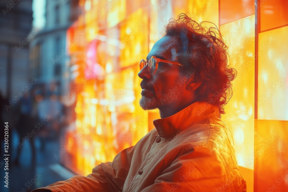 Obraz premium Curly man in glasses on the street near a luminous sign. Fashion and style, street landscape