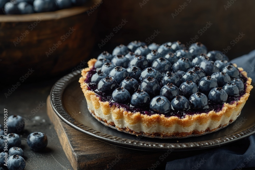 A delicious homemade blueberry tart with a flaky pastry crust and fresh blueberries on top. A delicious homemade blueberry tart with a flaky pastry crust and fresh blueberries on top.