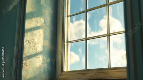 A tranquil scene of sunlight streaming through a window  casting shadows on a textured wall  with a backdrop of blue sky and clouds.
