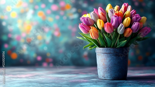 A soft focus of blooming tulips in various pastel shades, with an empty, blurred space in the center for Easter text.