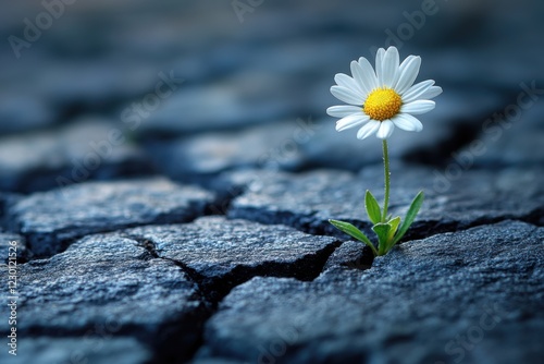 A single delicate white daisy growing through a crack in the sidewalk symbolizes resilience and prosperity despite difficulties. photo