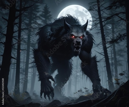 Sinister werewolf lurking in dark forest under full moon, horror, mysterious, monster