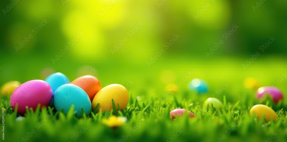 Brightly colored Easter eggs scattered on a lush green lawn , easter imagery, celebration Brightly colored Easter eggs scattered on a lush green lawn , easter imagery, celebration