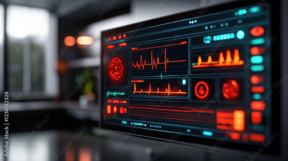 Computer Screen Displaying Heartbeat Visualization in a Modern Office Environment with a Focus on Health Technology Innovation Computer Screen Displaying Heartbeat Visualization in a Modern Office Environment with a Focus on Health Technology Innovation
