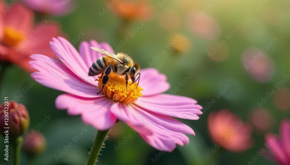 Small creature covered in white dust sits on large bright bloom, flowers, garden, bees Small creature covered in white dust sits on large bright bloom, flowers, garden, bees