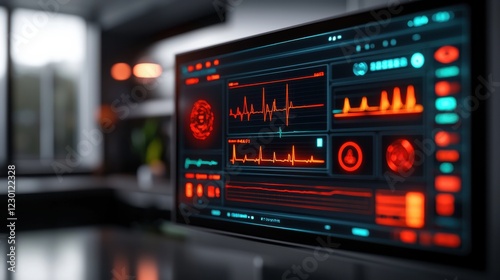 Computer Screen Displaying Heartbeat Visualization in a Modern Office Environment with a Focus on Health Technology Innovation