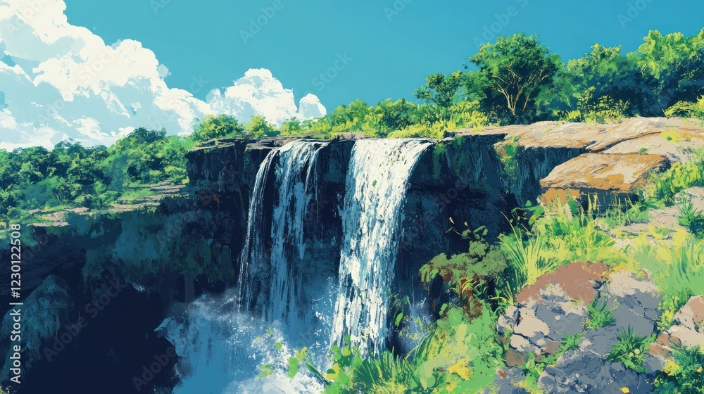 Fototapeta premium Waterfall cascading down cliff, lush green foliage, sunny sky, nature scene, travel poster