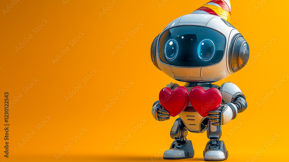 Small funny robot in cone hat with red valentine heart in hands isolated on yellow background. Symbol of love and friendship. Copy space. Small funny robot in cone hat with red valentine heart in hands isolated on yellow background. Symbol of love and friendship. Copy space.