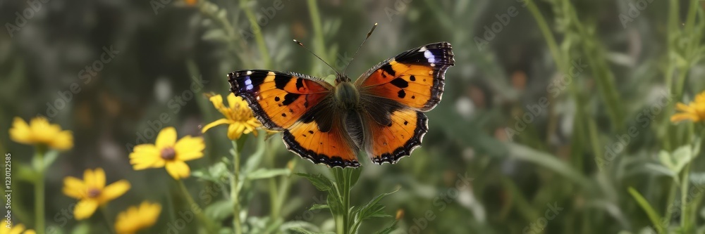 Small Tortoiseshell butterfly in flight over a flower with yellow and black stripes, yellow, aglais urticae Small Tortoiseshell butterfly in flight over a flower with yellow and black stripes, yellow, aglais urticae
