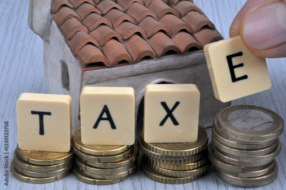 Φωτογραφία Concept de taxe immobilière avec des pièces en euros et une maison