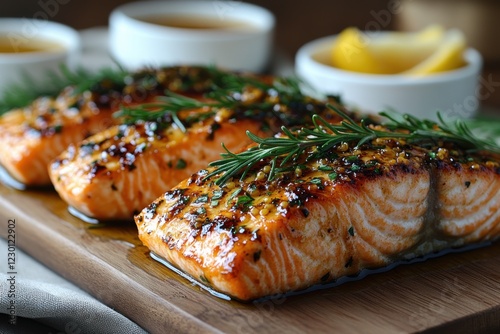 Grilled salmon fillets sprinkled with fresh herbs and lemon juice on a grill