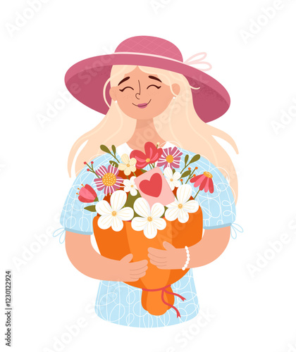 Smiling blonde girl holding a bouquet of flowers. Hand drawn.