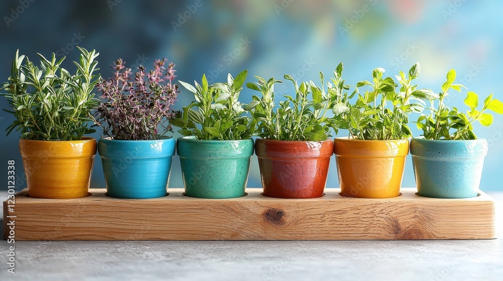 Five Colorful Potted Herbs on Rustic Wooden Planter