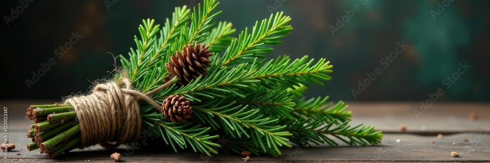 A bundle of fresh evergreen branches wrapped in twine and pinecones, branches, rustic, evergreen A bundle of fresh evergreen branches wrapped in twine and pinecones, branches, rustic, evergreen