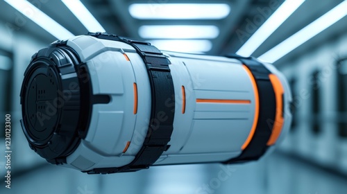 A sleek, futuristic cargo container floating in a high-tech facility, symbolizing advanced security and transportation technology