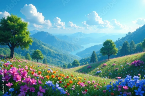 A blue landscape dotted with tiny colorful flowers  colors  trees
