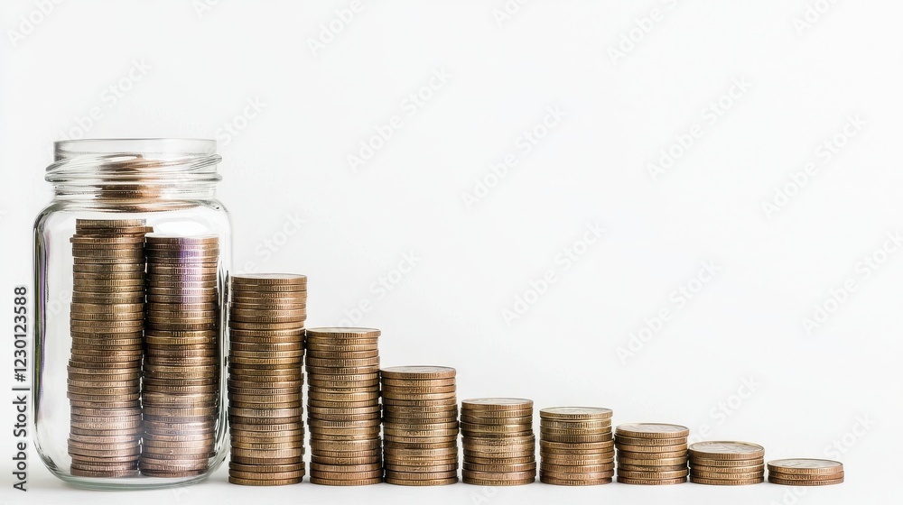 A clear glass jar filled with stacked coins, arranged in increasing height, symbolizes savings and financial growth. A clear glass jar filled with stacked coins, arranged in increasing height, symbolizes savings and financial growth.