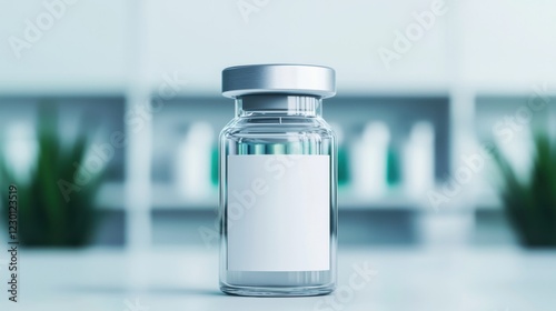 A close-up of a sealed medicine vial with a blank label in a sterile medical lab, representing pharmaceutical research and innovation