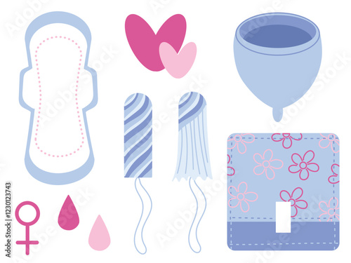 Set of women sanitary goods for period cotton pad, silicone menstrual cup, tampons, pad package in pink and blue color, Feminine hygiene equipment for menstruation. Women health