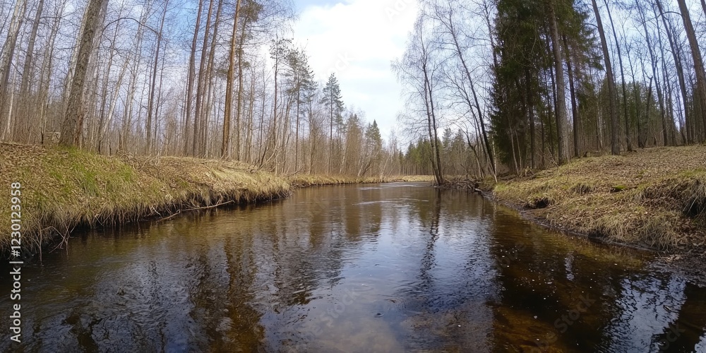 A serene forest stream with a clear reflection on the water's surface. A serene forest stream with a clear reflection on the water's surface.
