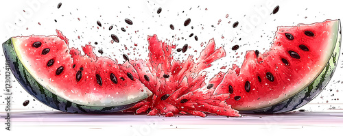 Vibrant watercolorstyle illustration of a smashed watermelon, showcasing juicy red flesh and scattered seeds.  Perfect for summer themes, food blogs, or refreshing beverage advertising. photo